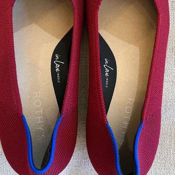 Rothy's Burgundy Pointed Toe Heels with Blue Accent - Picture 4 of 11